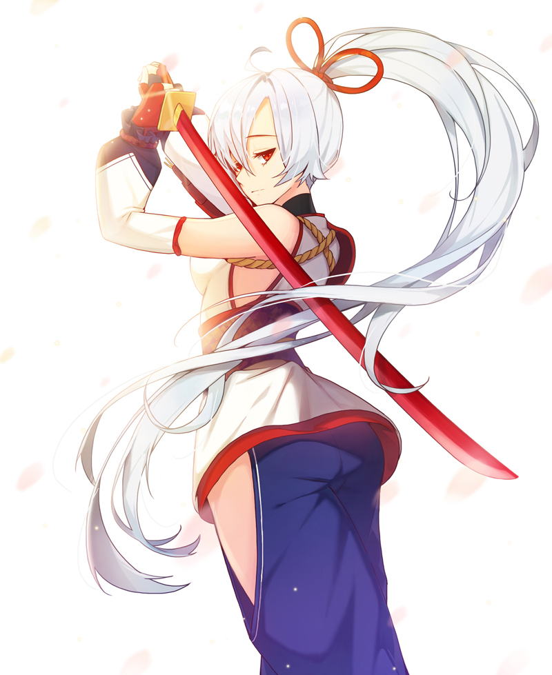 1girl absurdly_long_hair ass black_gloves breasts closed_mouth eyebrows_visible_through_hair fate/grand_order fate_(series) fingerless_gloves from_behind gloves holding holding_sword holding_weapon large_breasts long_hair looking_at_viewer ponytail red_eyes solo sword tomoe_gozen_(fate/grand_order) tp_(kido_94) very_long_hair weapon white_hair