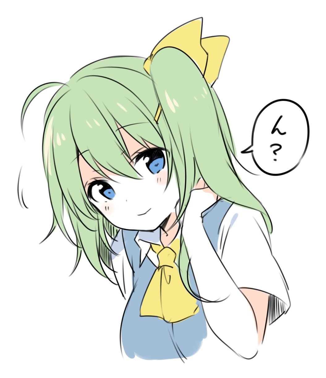 1girl blue_eyes blush bow closed_mouth commentary daiyousei fujishiro_emyu green_hair hair_bow hair_ribbon highres medium_hair ribbon side_ponytail smile touhou white_background yellow_ribbon