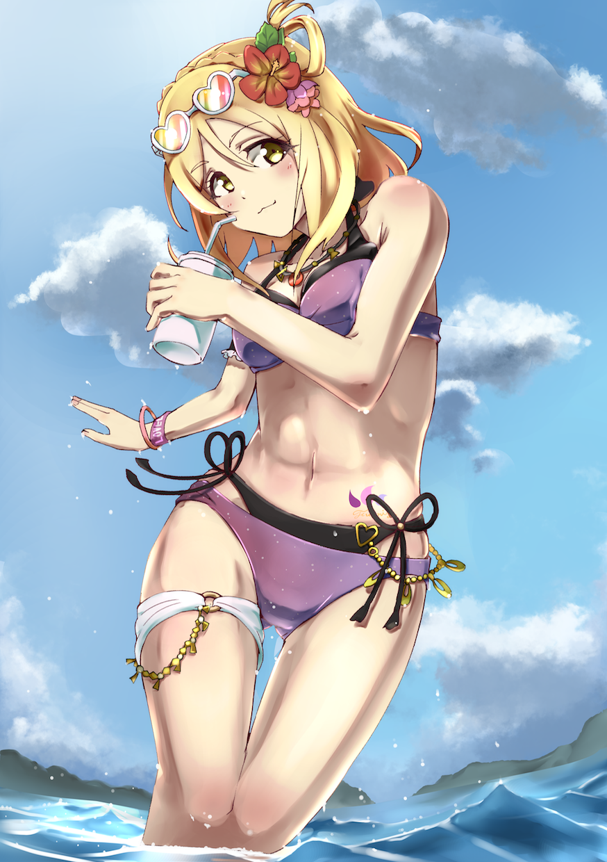 1girl ajapar bikini black_bikini blonde_hair blue_sky bracelet braid clouds cowboy_shot crown_braid eyewear_on_head flower hair_flower hair_ornament heart heart-shaped_eyewear highres jewelry love_live! love_live!_sunshine!! ohara_mari outdoors purple_bikini side-tie_bikini sky solo standing straw sunglasses swimsuit thigh_gap tumbler water yellow_eyes