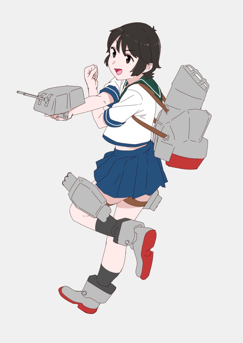 1girl black_hair blue_sailor_collar blue_skirt brown_eyes full_body grey_background kantai_collection machinery miyuki_(kantai_collection) ojipon pleated_skirt rudder_shoes sailor_collar school_uniform serafuku short_hair simple_background skirt smokestack solo