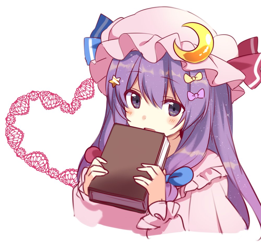 1girl blue_bow blue_ribbon blush book bow commentary crescent crescent_hair_ornament dress frilled_dress frilled_sleeves frills fujishiro_emyu hair_ornament hair_ribbon hat hat_ribbon heart long_hair looking_at_viewer mob_cap open_mouth patchouli_knowledge purple_hair red_bow red_ribbon ribbon star star_hair_ornament touhou violet_eyes white_background