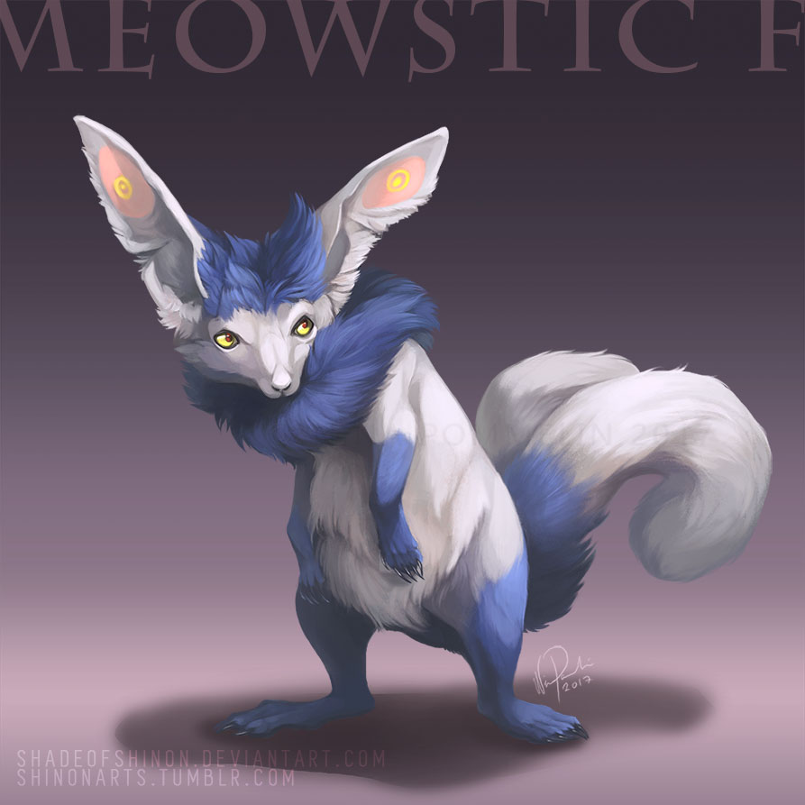 2017 character_name claws full_body gradient gradient_background grey_background looking_away meowstic pokemon pokemon_(creature) pokemon_(game) pokemon_xy realistic shadeofshinon signature solo standing watermark web_address yellow_eyes