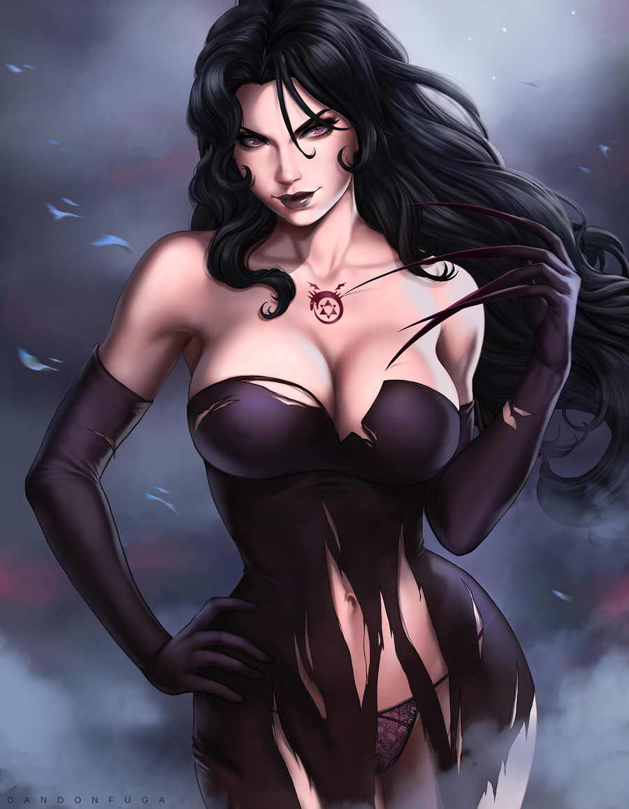 1girl black_dress black_hair breasts claws cleavage dandon_fuga dress elbow_gloves erect_nipples fullmetal_alchemist gloves hand_on_hip lace lace-trimmed_panties looking_at_viewer lust navel pale_skin panties smile solo stomach tattoo torn_clothes torn_dress underwear violet_eyes