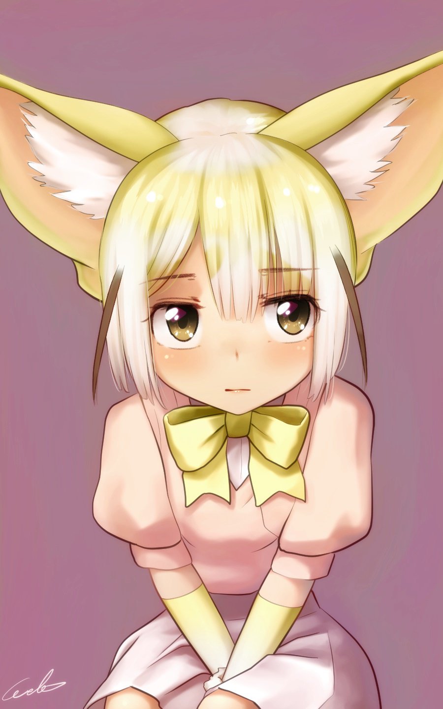 1girl animal_ears artist_name bangs between_legs big_eyes blonde_hair blush bow brown_eyes character_request closed_mouth commentary_request eyebrows_visible_through_hair gloves hair_between_eyes hand_between_legs highres kemono_friends looking_at_viewer pink_shirt purple_background shirt short_hair short_sleeves skirt solo welt_(kinsei_koutenkyoku) yellow_bow