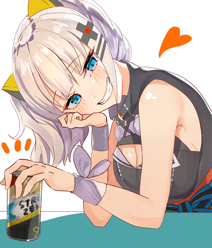 1girl arm_support asyde blue_eyes breasts can cleavage_cutout commentary drink hair_ornament kaguya_luna kaguya_luna_(character) large_breasts looking_at_viewer silver_hair sleeveless smile smug solo strong_zero twintails virtual_youtuber