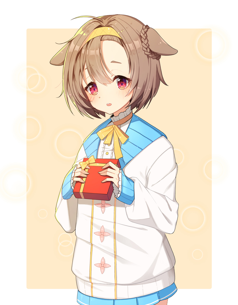 1girl ahoge animal_ears blue_skirt blush bow brown_hair destiny_child dog_ears eyebrows_visible_through_hair gift hairband holding holding_gift long_sleeves parted_lips red_eyes ribbon short_hair skirt solo tp_(kido_94) valentine yellow_bow yellow_ribbon