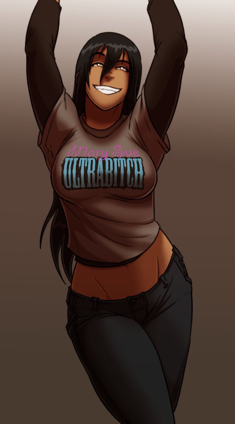 1girl arms_up bomango breasts brown_eyes clothes_writing commentary dark_skin denim gogo_bomango grin hair_between_eyes highres jeans large_breasts long_hair looking_at_viewer midriff pants profanity raised_eyebrow shirt smile solo t-shirt vanheist very_dark_skin