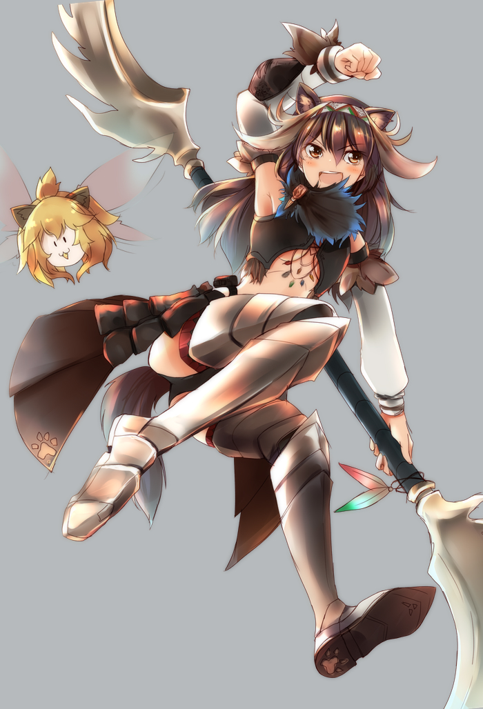 2girls :3 alternate_costume amai_nekuta animal_ears armor armpits bare_shoulders crop_top eyebrows_visible_through_hair feathers glaive greaves headband insect insect_wings jewelry kemono_friends lion_(kemono_friends) lion_ears long_hair long_sleeves monster_hunter moose_(kemono_friends) moose_ears moose_tail multiple_girls necklace open_mouth paw_print weapon wings