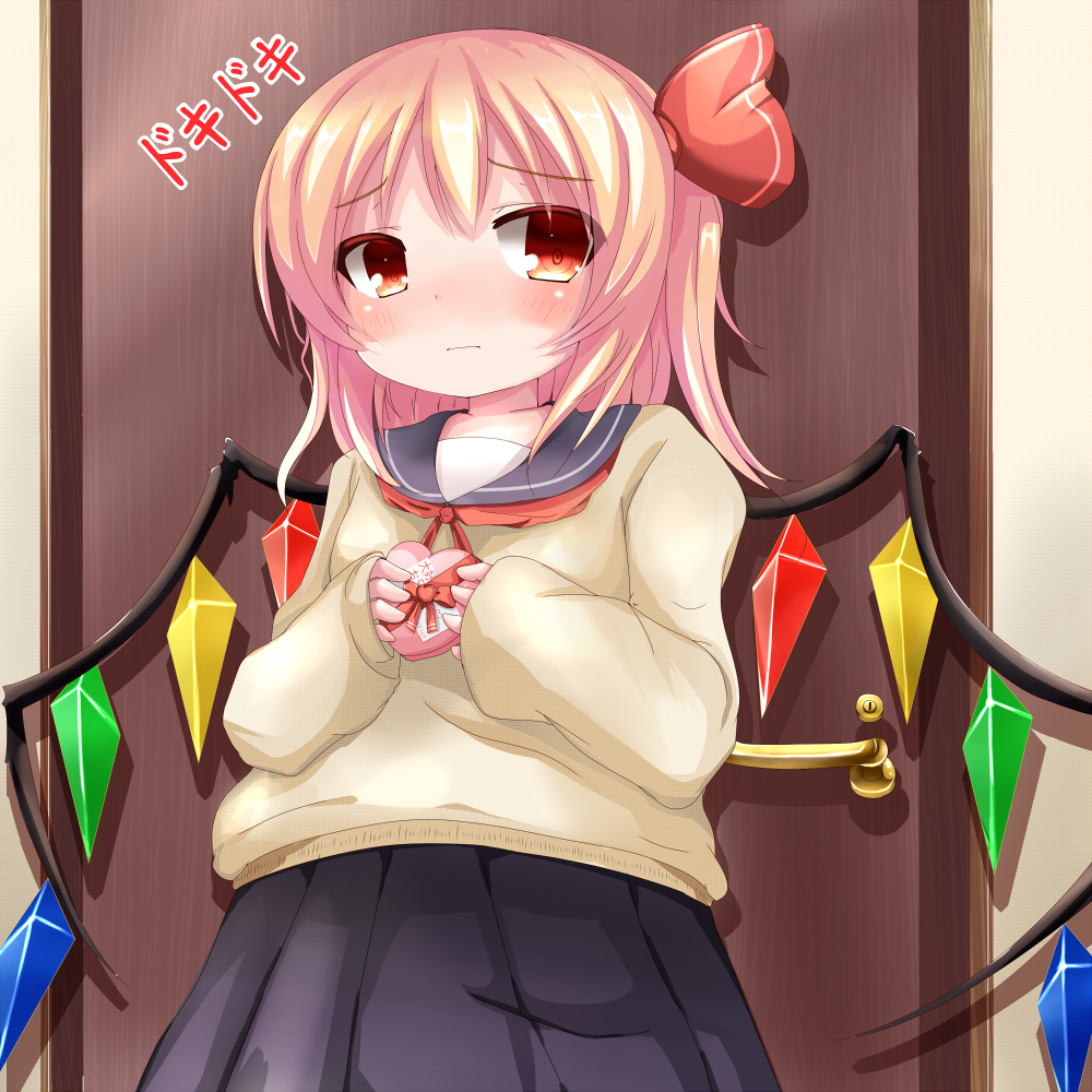 1girl :i against_door alternate_costume blonde_hair blush commentary_request cowboy_shot door embarrassed eriru_(remonn09) flandre_scarlet hair_ribbon heart-shaped_box long_sleeves looking_at_viewer navy_blue_skirt onomatopoeia pleated_skirt red_eyes red_ribbon ribbon sailor_collar school_uniform short_hair side_ponytail skirt sleeves_past_wrists solo sweater tareme touhou valentine wings