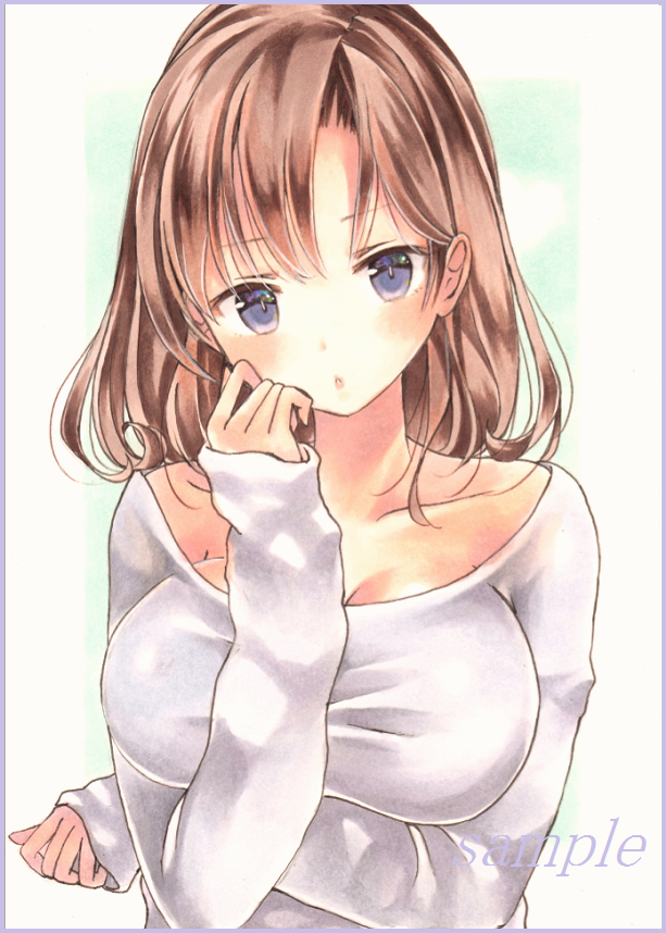1girl :o blush breast_rest breasts brown_hair cleavage collarbone colored_pencil_(medium) crossed_arms hair_between_eyes hand_on_own_chin head_tilt large_breasts long_sleeves looking_at_viewer marker_(medium) medium_hair original potto purple_border sample simple_background sleeves_past_wrists solo sweater traditional_media upper_body violet_eyes white_background white_sweater