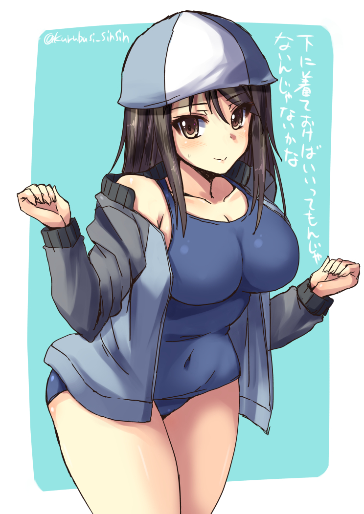 1girl bangs blue_background blue_hat blue_jacket blue_swimsuit breasts brown_eyes brown_hair closed_mouth covered_navel cowboy_shot eyebrows_visible_through_hair girls_und_panzer hat jacket keizoku_military_uniform large_breasts long_hair looking_at_viewer mika_(girls_und_panzer) military military_uniform no_pants one-piece_swimsuit open_clothes open_jacket outside_border raglan_sleeves school_swimsuit shinshin smile solo standing swimsuit track_jacket twitter_username uniform