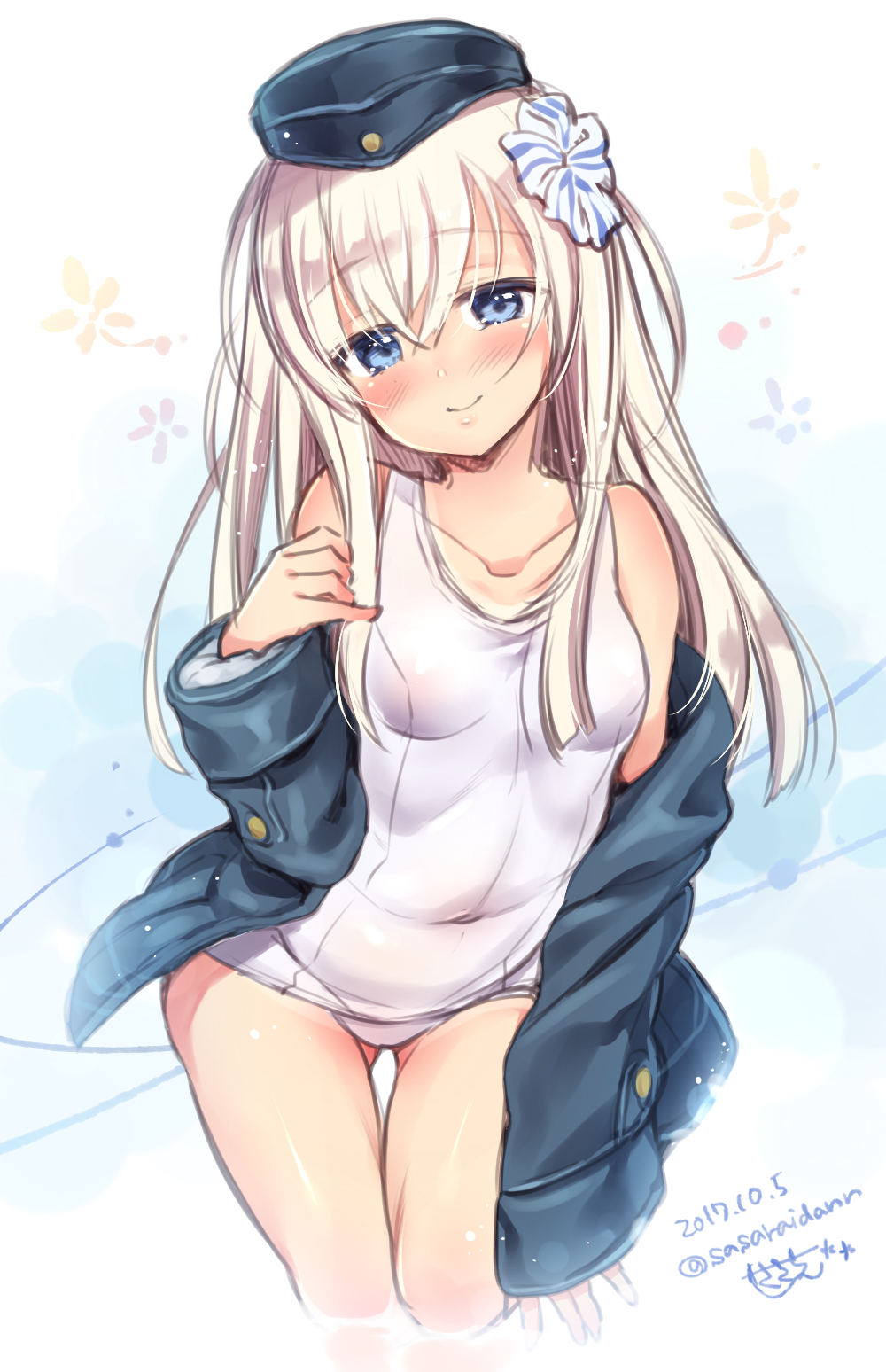 1girl black_jacket blonde_hair blue_eyes blush cowboy_shot dated garrison_cap gluteal_fold hat highres jacket kantai_collection long_hair long_sleeves one-piece_swimsuit one-piece_tan puffy_long_sleeves puffy_sleeves sasachin_(k+w) school_swimsuit signature smile solo swimsuit swimsuit_under_clothes tan tanline thigh_gap twitter_username u-511_(kantai_collection) white_background white_school_swimsuit white_swimsuit