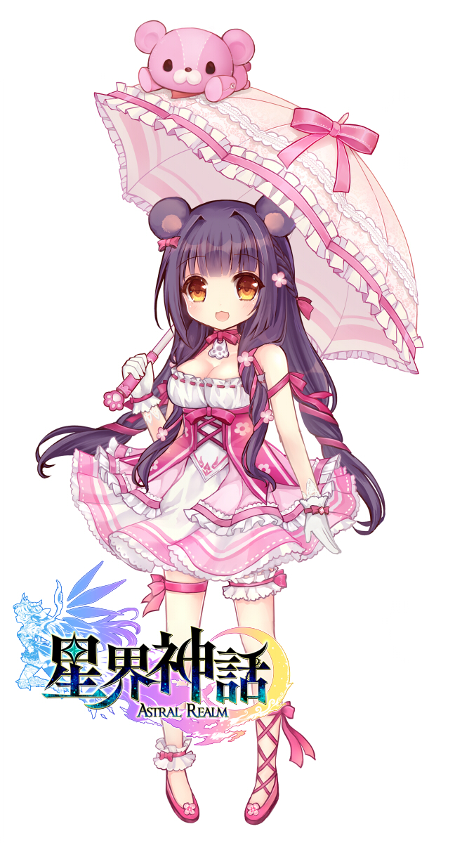 1girl :3 :d animal_ears astral_realm asymmetrical_footwear bangs bare_shoulders bear_ears black_hair blush bow breasts brown_eyes character_request cleavage commentary_request copyright_name dress eyebrows_visible_through_hair flower full_body gloves hair_bow hair_flower hair_ornament hair_ribbon highres holding holding_umbrella long_hair looking_at_viewer maodouzi medium_breasts open_mouth pink_bow pink_dress pink_flower pink_footwear pink_umbrella red_ribbon ribbon shoes sidelocks simple_background sleeveless sleeveless_dress smile solo standing stuffed_animal stuffed_toy teddy_bear umbrella very_long_hair white_background white_gloves