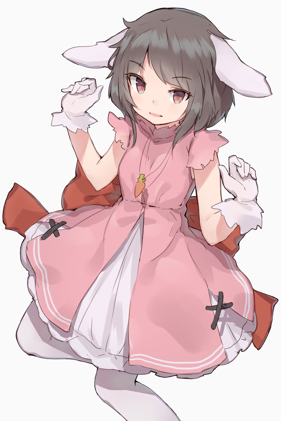 1girl adapted_costume animal_ears brown_hair carrot_necklace dress eyes_visible_through_hair gloves hands_up highres inaba_tewi looking_at_viewer pink_dress pink_eyes rabbit_ears shone short_hair simple_background smile solo touhou white_background white_gloves white_legwear