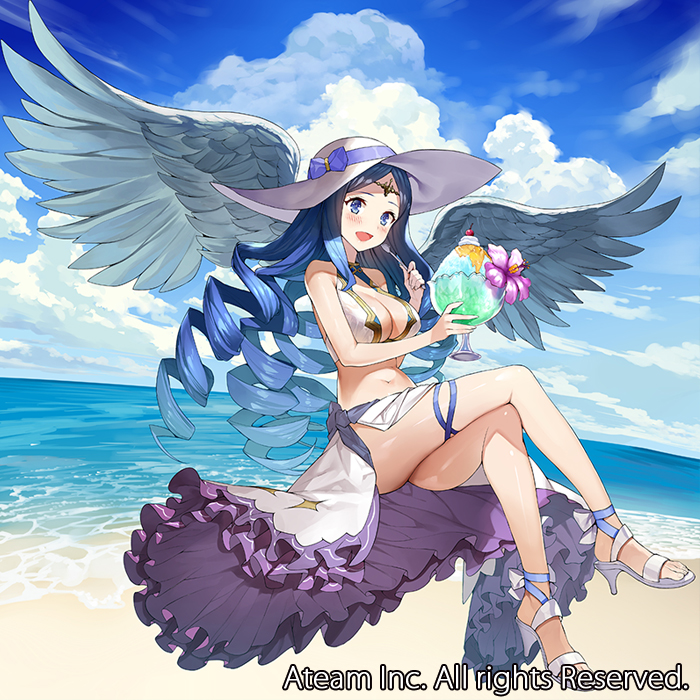 1girl :d ass bare_arms bare_shoulders beach blue_bow blue_eyes blue_hair blue_sky blush bow breasts cleavage clouds cloudy_sky commentary_request day drill_hair fisheye floating food hat hat_bow high_heels holding horizon ice_cream large_breasts legs_crossed looking_at_viewer matsui_hiroaki ocean official_art open_mouth outdoors sand sitting sky smile solo spread_wings sun_hat tiara urd_(valkyrie_connect) valkyrie_connect waist_cape water watermark white_footwear white_hat wings