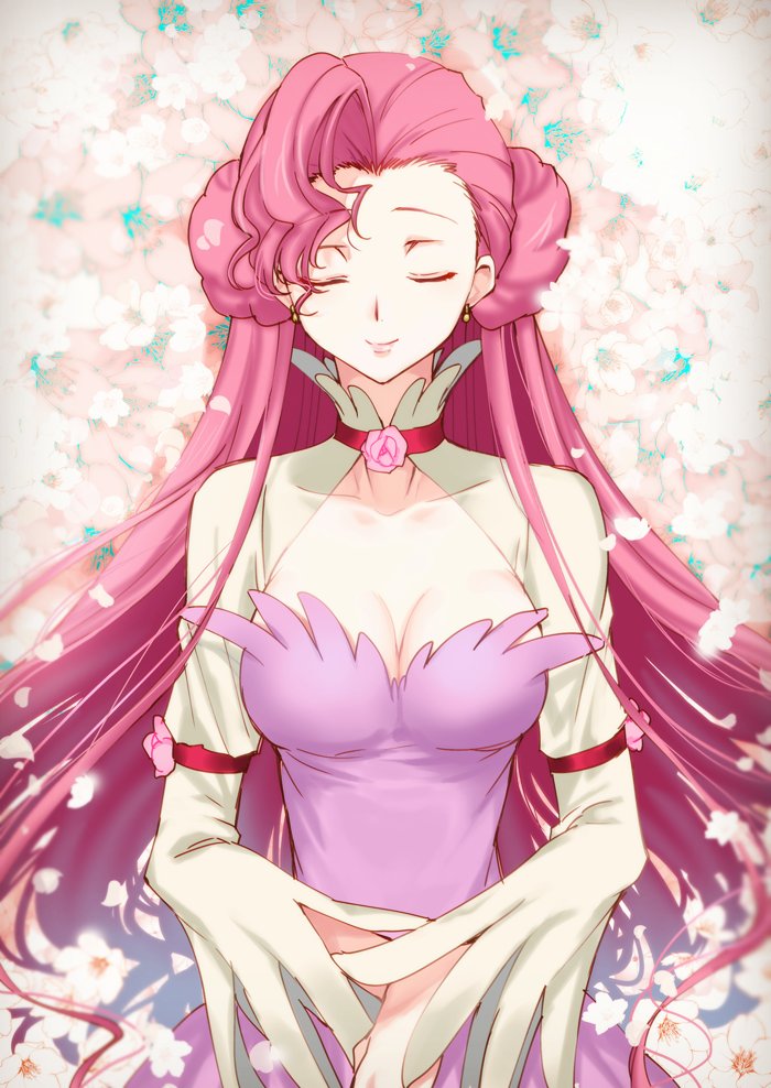 1girl breasts cleavage closed_eyes closed_mouth code_geass creayus double_bun dress euphemia_li_britannia facing_viewer flower large_breasts lips long_hair long_sleeves pink_flower pink_hair pink_lips pink_rose purple_dress rose smile solo standing white_flower