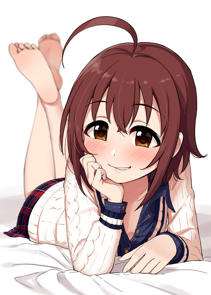 1girl ahoge blush breasts brown_eyes brown_hair casual cleavage idolmaster idolmaster_cinderella_girls legs_up looking_at_viewer lying naughty_face omaru_gyuunyuu short_hair small_breasts solo wakiyama_tamami white_background