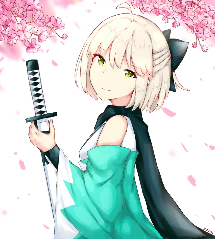 1girl ahoge artist_name black_bow black_scarf bow cherry_blossoms closed_mouth commentary_request detached_sleeves fate/grand_order fate_(series) green_eyes hair_bow half_updo head_tilt holding holding_sheath japanese_clothes katana kimono light_brown_hair long_sleeves looking_at_viewer looking_to_the_side okita_souji_(fate) petals rocm_(nkkf3785) scarf sheath sheathed short_hair sleeveless sleeveless_kimono smile solo sword weapon white_background wide_sleeves