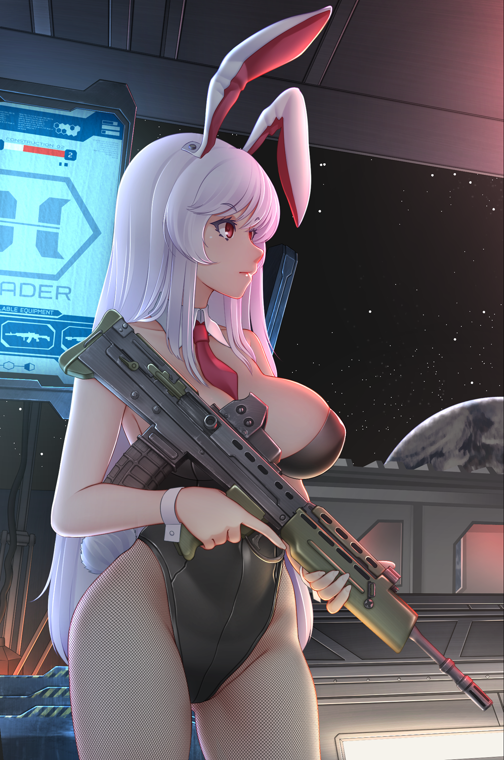 1girl alternate_costume animal_ears bare_arms bare_shoulders black_leotard breasts bunny_girl bunnysuit cleavage collarbone cowboy_shot detached_collar earth eyelashes fishnet_pantyhose fishnets groin gun highres holding holding_gun holding_weapon killing_floor_2 large_breasts leotard long_hair mochi_(chain_csn) pantyhose pink_hair rabbit_ears red_eyes reisen_udongein_inaba screen solo space standing strapless strapless_leotard touhou trigger_discipline very_long_hair weapon window wing_collar