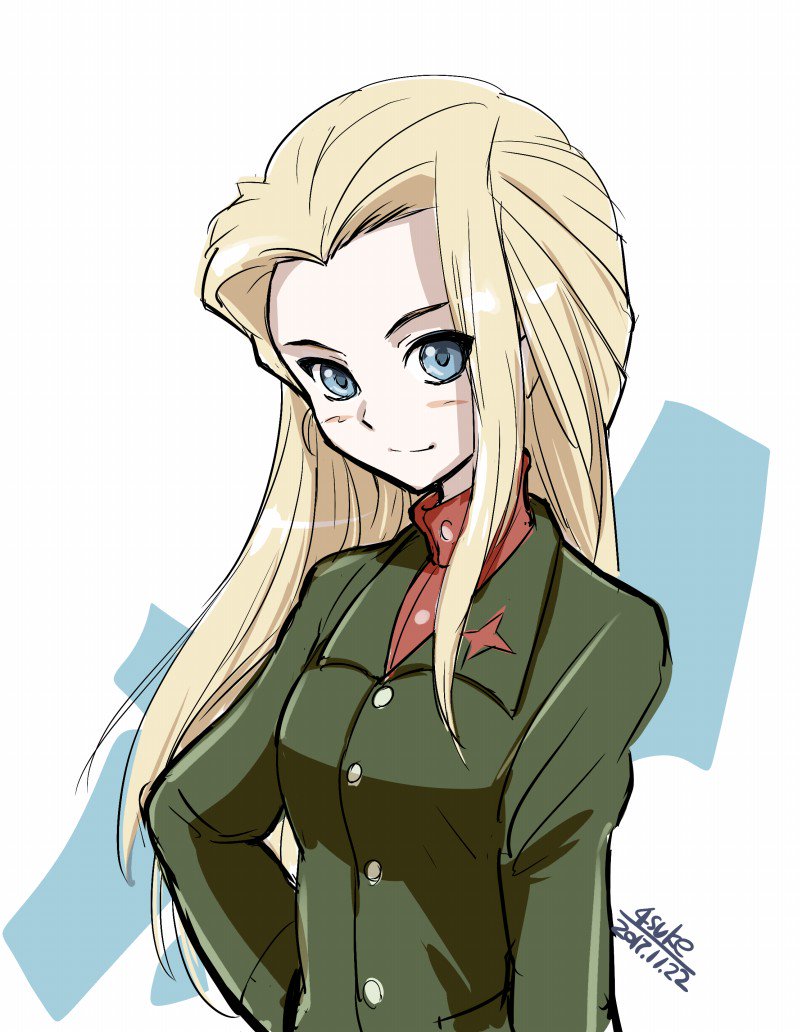 1girl 2017 4suke artist_name blonde_hair blue_eyes blush breasts buttons clara_(girls_und_panzer) closed_mouth collared_jacket dated eyebrows facing_away forehead girls_und_panzer green_jacket hair_intakes hand_on_hip jacket long_hair long_sleeves medium_breasts pravda_school_uniform red_shirt school_uniform shirt smile solo straight_hair turtleneck upper_body