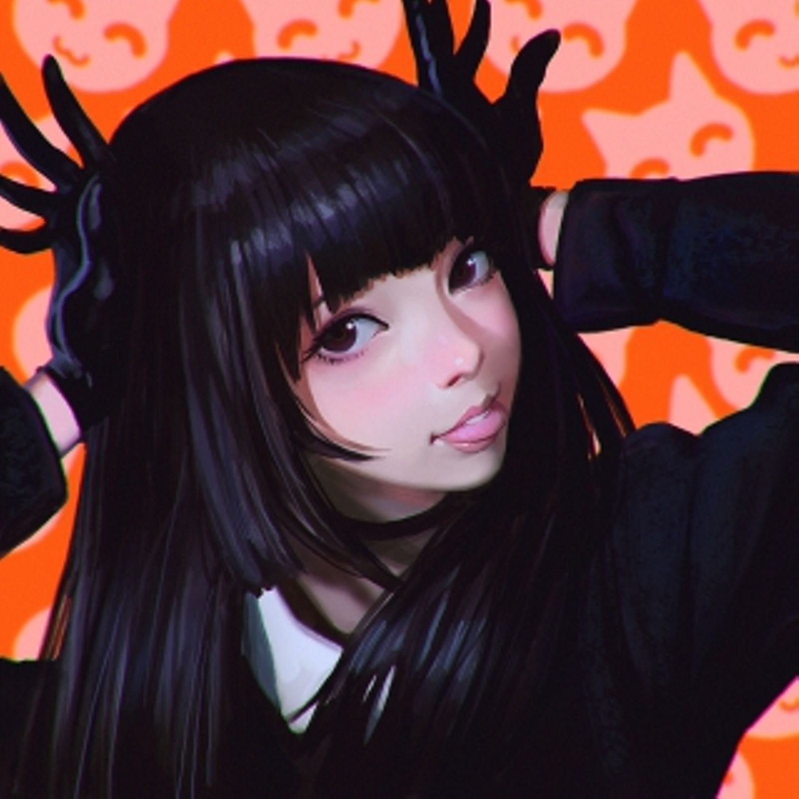 1girl :p bangs black_gloves black_hair blunt_bangs brown_eyes face gloves highres ilya_kuvshinov lips long_hair looking_at_viewer orange_background original solo tongue tongue_out upper_body