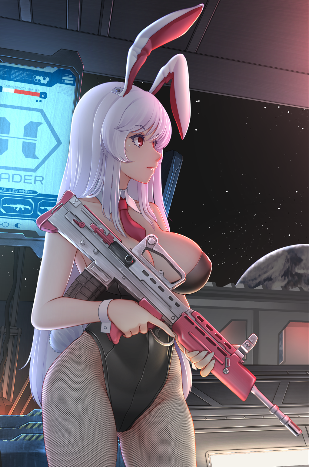 1girl alternate_costume animal_ears bare_arms bare_shoulders black_leotard breasts bunny_girl bunnysuit cleavage collarbone cowboy_shot detached_collar earth eyelashes fishnet_pantyhose fishnets groin gun highres holding holding_gun holding_weapon killing_floor_2 large_breasts leotard long_hair mochi_(chain_csn) pantyhose pink_hair rabbit_ears red_eyes reisen_udongein_inaba screen solo space standing strapless strapless_leotard touhou trigger_discipline very_long_hair weapon window wing_collar