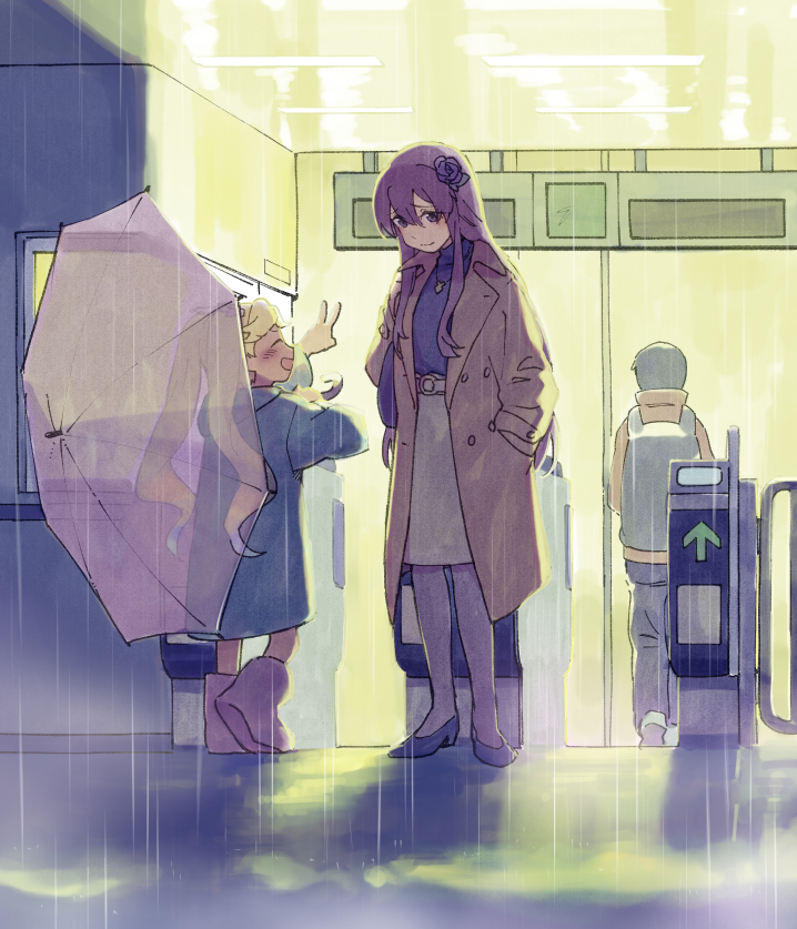 1boy 2girls age_difference alternate_costume backpack bag blush boots contemporary dark_skin facing_another flower granblue_fantasy hair_flower hair_ornament hands_in_pockets height_difference high_heels holding holding_umbrella io_euclase jacket light long_hair long_sleeves looking_at_another multiple_girls open_clothes open_jacket open_mouth purple_flower purple_rose rain raincoat rose rosetta_(granblue_fantasy) takishima_asaka transparent_umbrella umbrella v