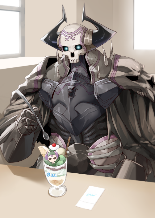 1boy armor black_cloak eiri_(eirri) fate/grand_order fate_(series) glowing glowing_eyes holding holding_spoon horns indoors king_hassan_(fate/grand_order) looking_at_viewer male_focus parfait sitting skull solo spikes table twitter_username window