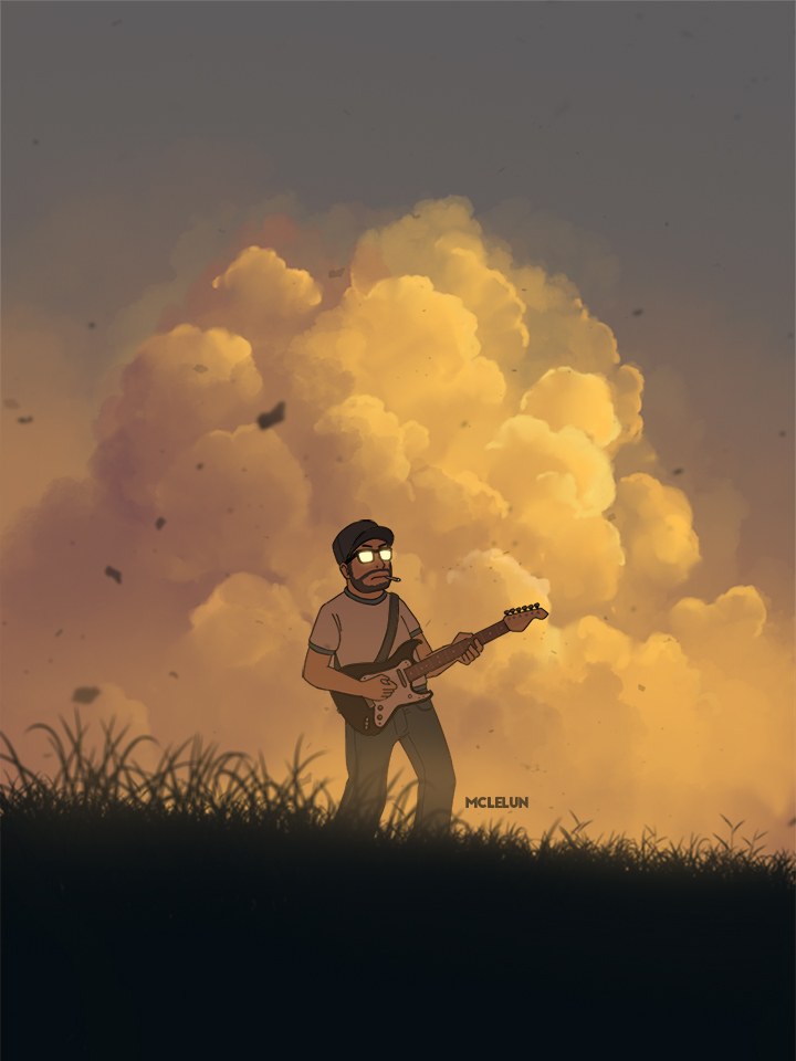 1boy artist_name beard cigarette closed_mouth clouds cloudy_sky commentary facial_hair glasses grass guitar hat holding holding_instrument instrument leaf male_focus mclelun mouth_hold music opaque_glasses original outdoors pants playing_instrument shirt short_sleeves sky smoking solo sunset twilight white_shirt