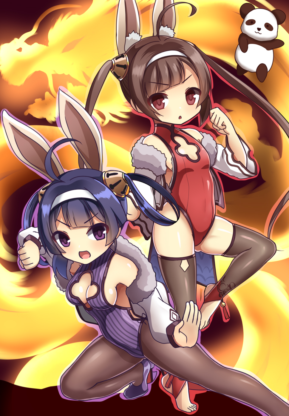 2girls :d ahoge alice360 animal_ears azur_lane bangs bare_shoulders black_legwear breasts brown_eyes brown_hair cleavage cleavage_cutout commentary_request dragon eastern_dragon eyebrows_visible_through_hair fighting_stance fur-trimmed_jacket fur_trim hair_rings hairband hairpods highres jacket leotard long_hair long_sleeves looking_at_viewer medium_breasts multiple_girls ning_hai_(azur_lane) off_shoulder open_mouth panda pantyhose parted_lips ping_hai_(azur_lane) puffy_long_sleeves puffy_sleeves purple_footwear purple_hair purple_leotard rabbit_ears red_leotard shoes small_breasts smile standing standing_on_one_leg stirrup_legwear thigh-highs twintails v-shaped_eyebrows very_long_hair violet_eyes white_hairband white_jacket