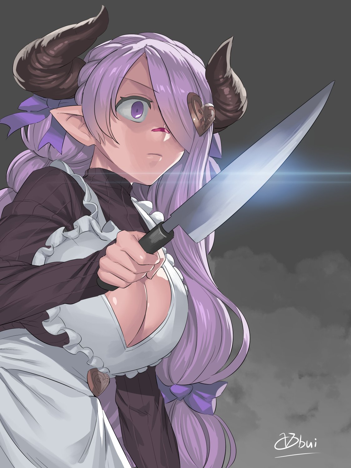 1girl alternate_costume apron breasts cleavage cleavage_cutout closed_mouth doraf frilled_apron frills granblue_fantasy hair_ornament hair_over_one_eye hair_ribbon heart heart_hair_ornament highres holding knife large_breasts narumeia_(granblue_fantasy) obui pointy_ears purple_hair ribbon shaded_face signature turtleneck violet_eyes wide-eyed