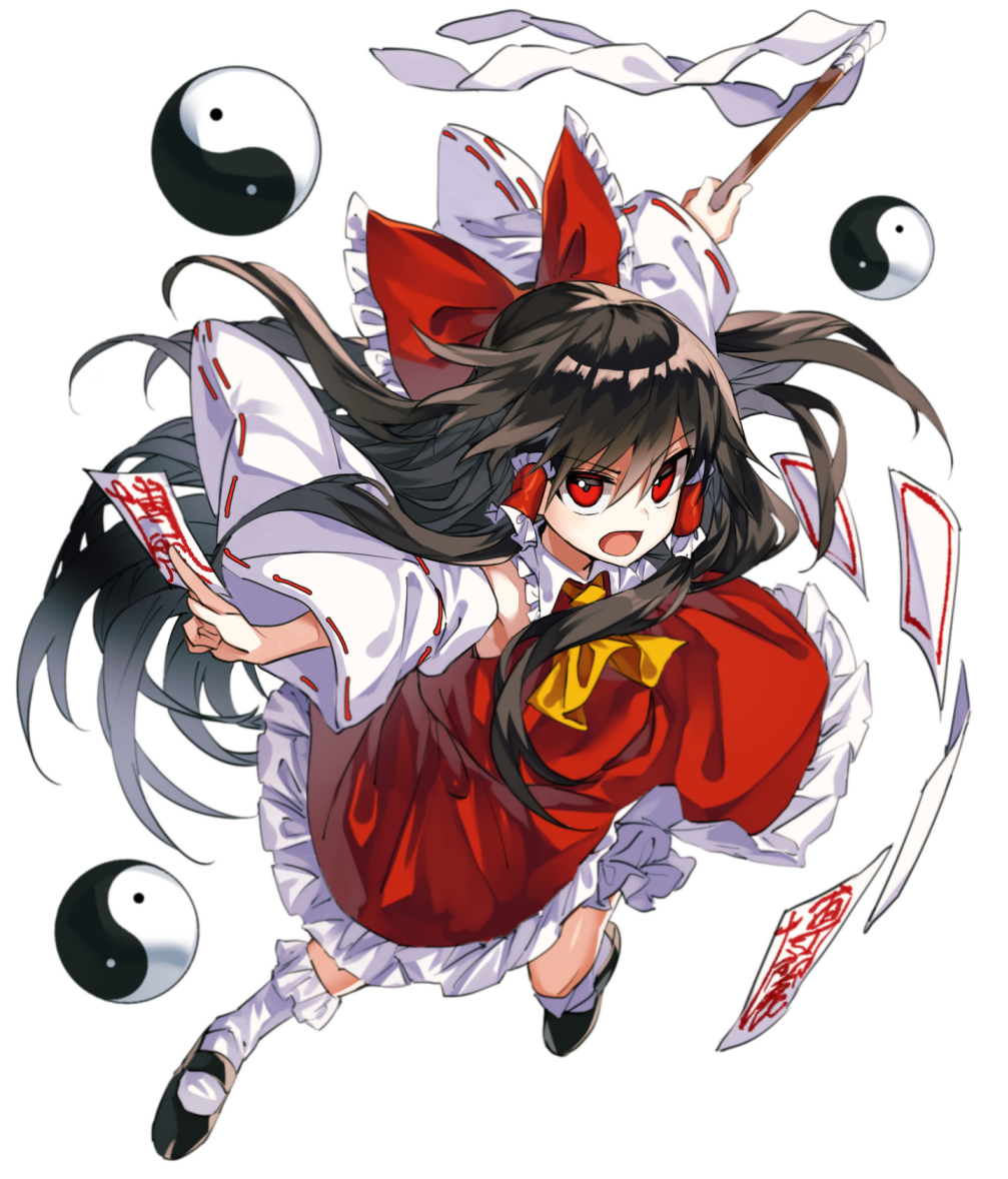 1girl ascot bare_shoulders bent_knee black_footwear bloomers bow brown_hair commentary_request detached_sleeves dress frilled_shirt_collar frills gohei hair_bow hair_tubes hakurei_reimu holding long_sleeves looking_at_viewer manarou mary_janes ofuda open_mouth petticoat red_bow red_dress red_eyes shoes simple_background socks solo touhou underwear v-shaped_eyebrows white_background white_bloomers white_legwear wide_sleeves yellow_neckwear yin_yang_orb