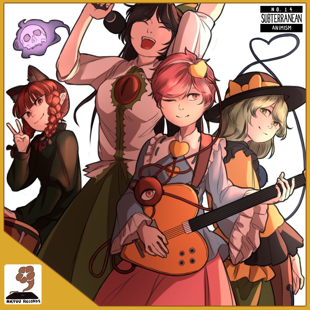 4girls ;) ^_^ animal_ears blouse blue_blouse bow braid brown_hair buttons cat_ears closed_eyes closed_mouth collared_shirt commentary cover cowboy_shot drum electric_guitar english extra_ears eyeball fake_cover green_hair green_skirt guitar hands_up hat hat_bow heart heart_of_string holding holding_microphone instrument kaenbyou_rin komeiji_koishi komeiji_satori light_smile long_hair long_sleeves looking_at_viewer medium_hair mefomefo microphone multiple_girls music no_wings one_eye_closed open_mouth phonograph pink_hair pink_skirt redhead reiuji_utsuho ribbon-trimmed_collar ribbon_trim shirt short_hair short_sleeves singing skirt skull smile spirit standing subterranean_animism third_eye touhou twin_braids v white_background white_shirt wide_sleeves yellow_blouse yellow_border yellow_bow