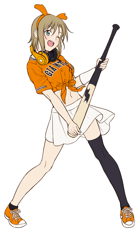 1girl :d baseball_bat black_legwear blue_eyes brown_hair full_body guitar hairband headphones headphones_around_neck idolmaster idolmaster_cinderella_girls instrument mismatched_legwear nigou nippon_professional_baseball one_eye_closed open_mouth orange_footwear orange_hairband orange_headphones short_hair simple_background single_thighhigh skirt smile solo tada_riina thigh-highs unconventional_guitar white_background white_skirt yomiuri_giants