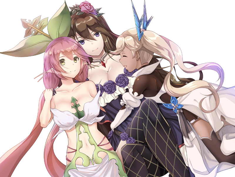 animal_ears bare_shoulders black_legwear blonde_hair breasts brown_hair character_request cleavage closed_eyes collarbone dark_skin dress eko erun_(granblue_fantasy) flower granblue_fantasy hair_between_eyes hair_flower hair_ornament hug io_euclase large_breasts long_hair looking_at_viewer low_twintails navel_cutout purple_dress purple_hair rosetta_(granblue_fantasy) simple_background sleeveless sleeveless_dress smile tan thigh-highs twintails very_long_hair violet_eyes white_background white_dress yellow_eyes