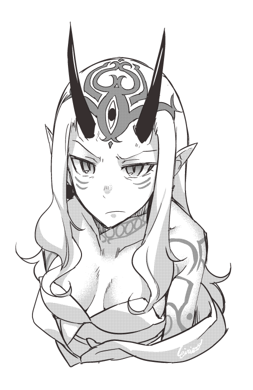 1girl artist_name bare_shoulders breasts closed_mouth collarbone eiri_(eirri) facial_mark fate/grand_order fate_(series) greyscale horns ibaraki_douji_(fate/grand_order) long_hair looking_at_viewer medium_breasts monochrome off_shoulder oni oni_horns pointy_ears sidelocks signature solo tattoo v-shaped_eyebrows