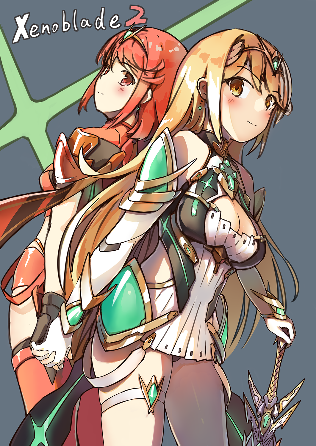 2girls armor blonde_hair blush breasts cleavage dress earrings fingerless_gloves gloves hair_ornament highres mythra_(xenoblade) pyra_(xenoblade) jewelry large_breasts long_hair looking_at_viewer multiple_girls red_eyes redhead short_hair shorts sidelocks simple_background smile tiara touken white_background xenoblade xenoblade_2 yellow_eyes