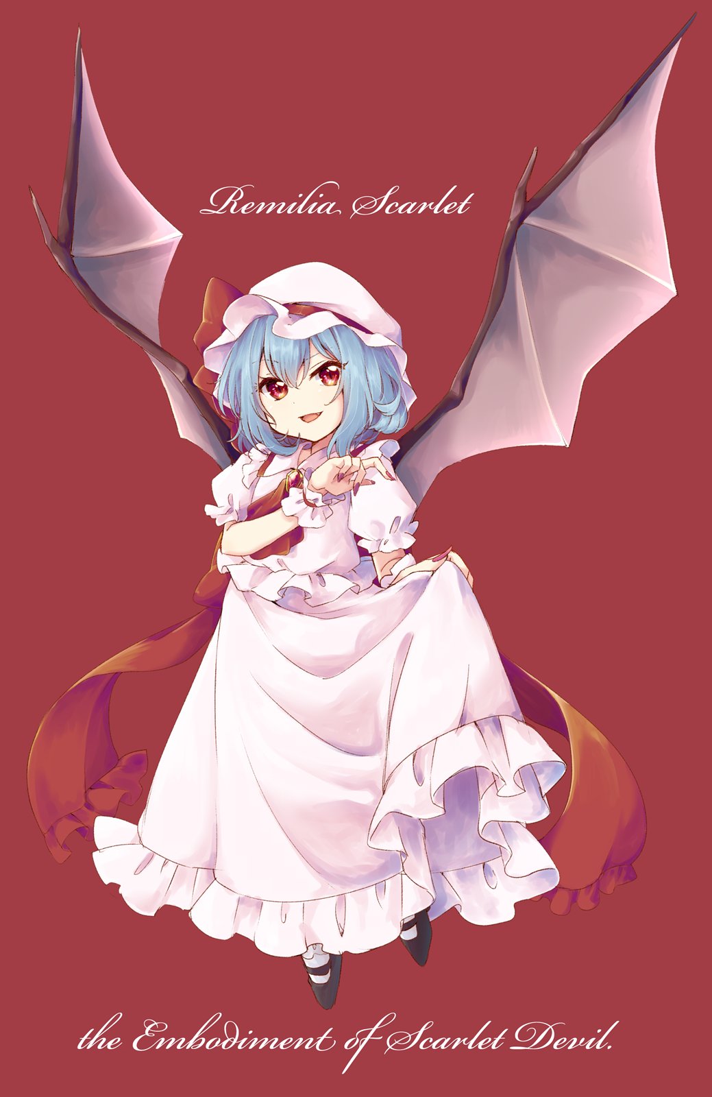 1girl ascot bangs bat_wings black_footwear blue_hair character_name copyright_name english eyebrows_visible_through_hair fang fingernails frilled_shirt frilled_shirt_collar frilled_skirt frills full_body hat hat_ribbon highres jewelry ksk_(semicha_keisuke) lifted_by_self long_fingernails looking_at_viewer mary_janes mob_cap nail_polish open_mouth puffy_short_sleeves puffy_sleeves red_background red_eyes red_ribbon remilia_scarlet ribbon shirt shoes short_hair short_sleeves simple_background skirt skirt_lift skirt_set smile solo the_embodiment_of_scarlet_devil touhou tsurime wings wrist_cuffs