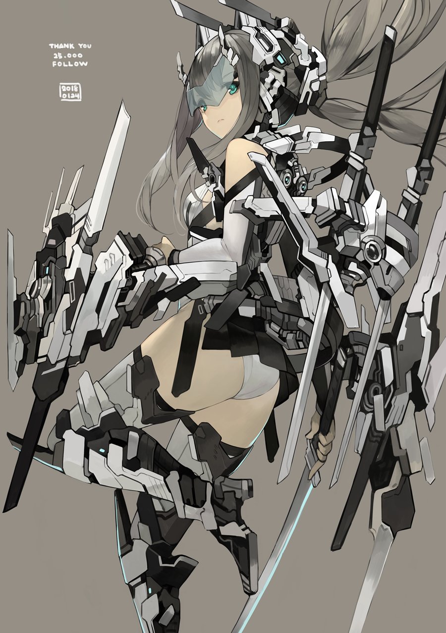 1girl ass bangs blue_eyes closed_mouth dated detached_sleeves eyebrows_visible_through_hair followers from_side grey_background grey_hair grey_leotard highres leotard long_hair looking_at_viewer mecha_musume original rayvon sheath sheathed sidelocks simple_background solo sword thank_you thigh-highs thighs twintails visor weapon