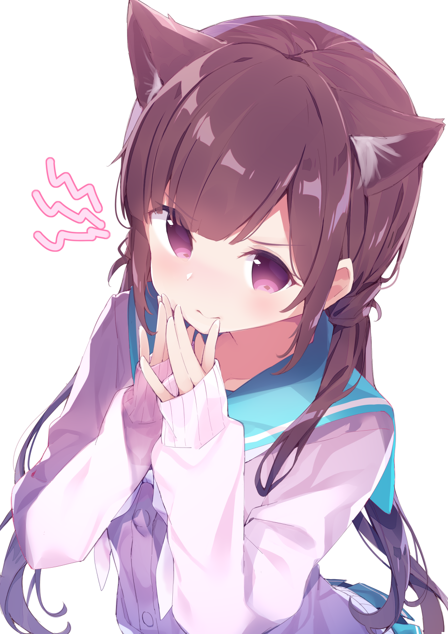 1girl animal_ears bangs blue_sailor_collar blunt_bangs brown_hair buttons cardigan cat_ears chikuwa. closed_mouth frown gradient_hair highres long_hair looking_at_viewer low_twintails multicolored_hair neckerchief original purple_hair sailor_collar school_uniform serafuku shiny shiny_hair twintails violet_eyes white_background