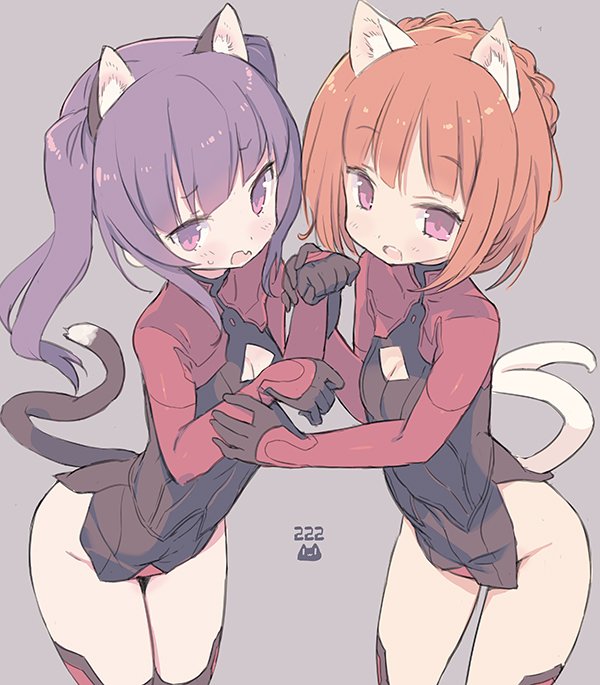 2girls aikawa_aika alice_gear_aegis animal_ears blade_(galaxist) bodysuit braid breasts cat_ears cat_tail cleavage_cutout crown_braid eyebrows_visible_through_hair fang hand_holding ichijou_ayaka kemonomimi_mode leaning_forward long_hair looking_at_viewer multiple_girls open_mouth orange_hair paw_pose purple_hair short_hair side_slit simple_background small_breasts sweatdrop tail thigh-highs twintails violet_eyes