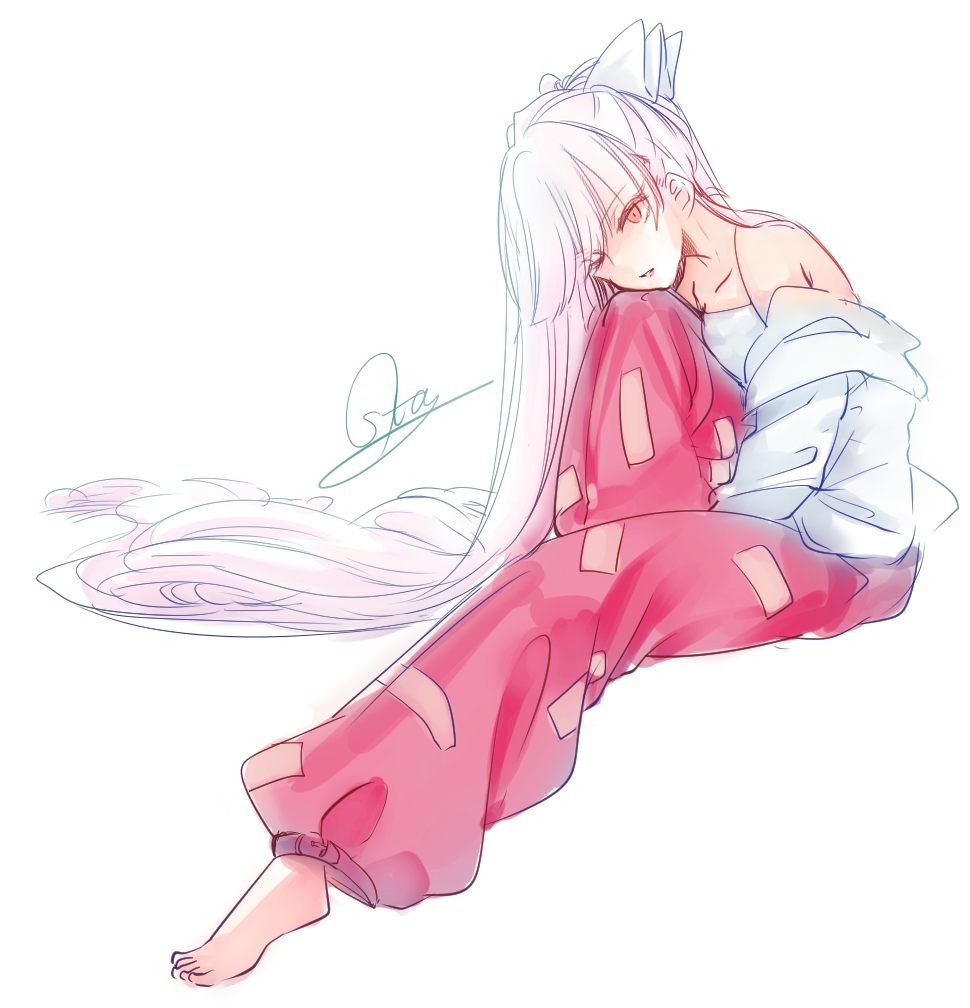 1girl absurdly_long_hair barefoot brown_eyes fujiwara_no_mokou full_body long_hair off_shoulder one_eye_closed pants parted_lips red_pants shirt signature simple_background sitting solo souta_(karasu_no_ouchi) touhou very_long_hair white_background white_hair white_shirt