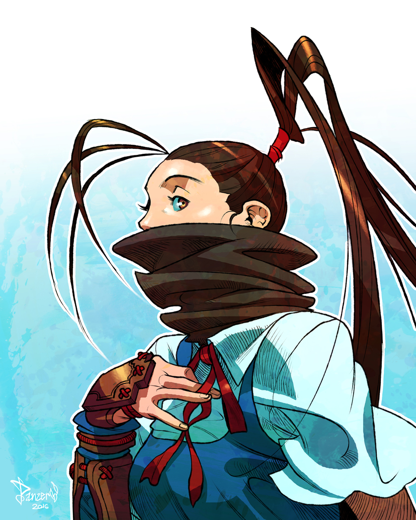 1girl antenna_hair armor brown_eyes brown_hair from_side high_ponytail ibuki_(street_fighter) japanese_armor jean-baptiste_nanteau kote looking_at_viewer neck_ribbon ribbon scarf school_uniform solo street_fighter street_fighter_v vambraces