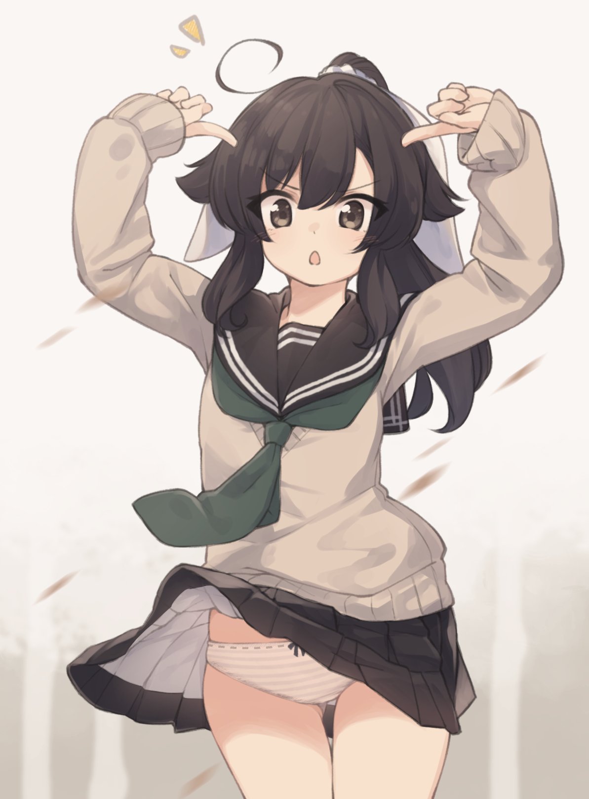 1girl ahoge arms_up bangs black_hair black_sailor_collar black_skirt blush bow bow_panties brown_background brown_eyes brown_sweater chestnut_mouth commentary_request eyebrows_visible_through_hair green_neckwear hair_between_eyes hair_ribbon high_ponytail highres long_hair long_sleeves natsuki_teru neckerchief notice_lines original panties parted_lips pleated_skirt ponytail ribbon ribbon-trimmed_panties ribbon_trim sailor_collar school_uniform serafuku shikibe_ami skirt skirt_lift sleeves_past_wrists solo striped striped_panties sweater underwear v-shaped_eyebrows white_ribbon wind wind_lift