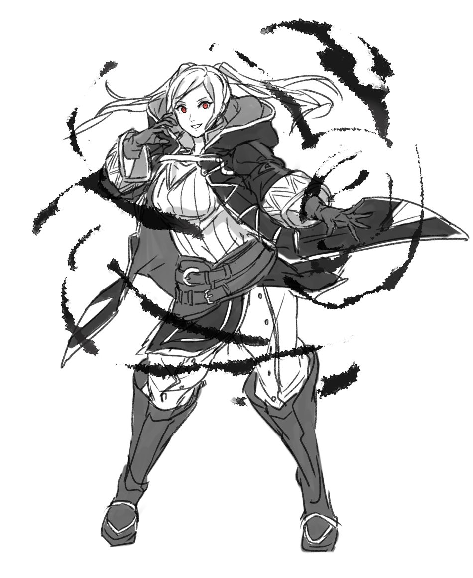 1girl breasts cape female_my_unit_(fire_emblem:_kakusei) fire_emblem fire_emblem:_kakusei fire_emblem_heroes gloves kamu_(kamuuei) long_hair looking_at_viewer monochrome my_unit_(fire_emblem:_kakusei) red_eyes simple_background smile solo twintails white_background