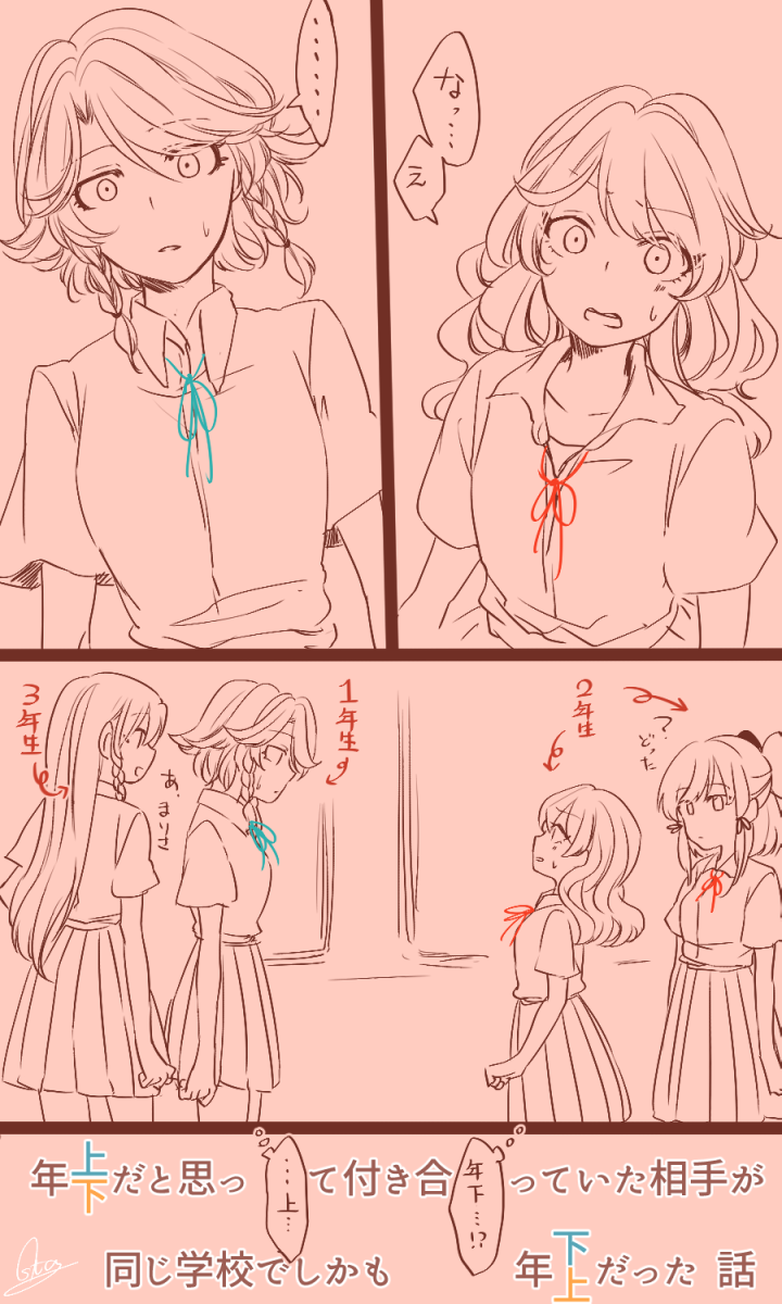 ... 4girls blue_ribbon braid collared_shirt comic hakurei_reimu highres izayoi_sakuya kirisame_marisa long_hair multiple_girls neck_ribbon pleated_skirt red_ribbon ribbon school_uniform shirt short_hair short_sleeves side_braid signature skirt souta_(karasu_no_ouchi) speech_bubble spoken_ellipsis sweat thought_bubble touhou translation_request twin_braids