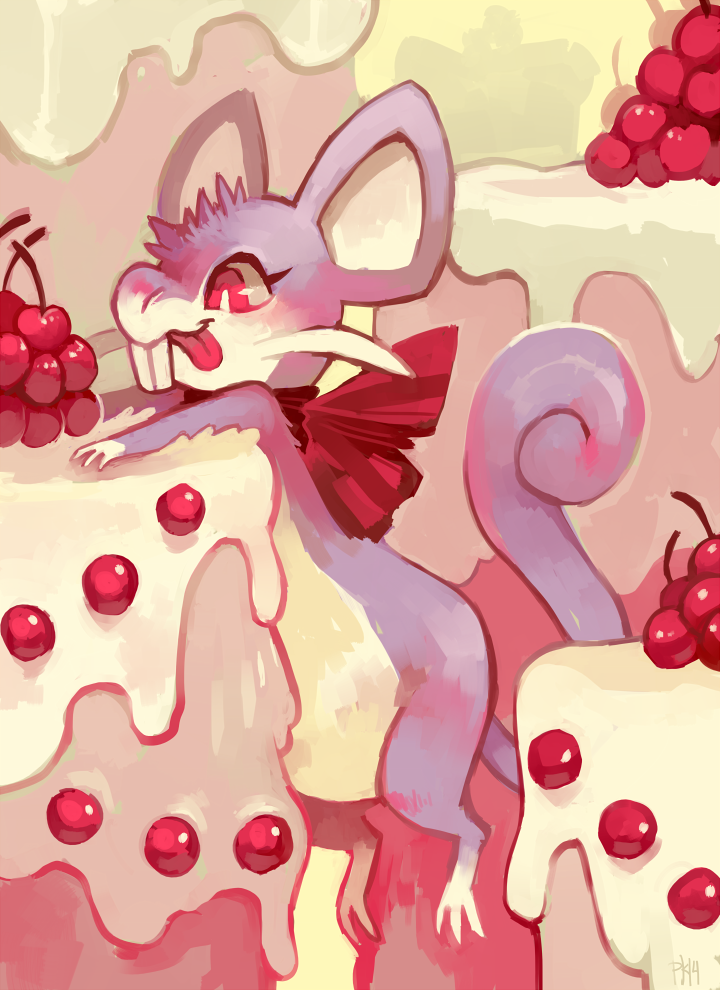cake cherry creature food fruit full_body glitchedpuppet mouse neck_ribbon no_humans pink_eyes pokemon pokemon_(creature) pokemon_(game) pokemon_rgby rattata red_ribbon ribbon signature solo tongue tongue_out