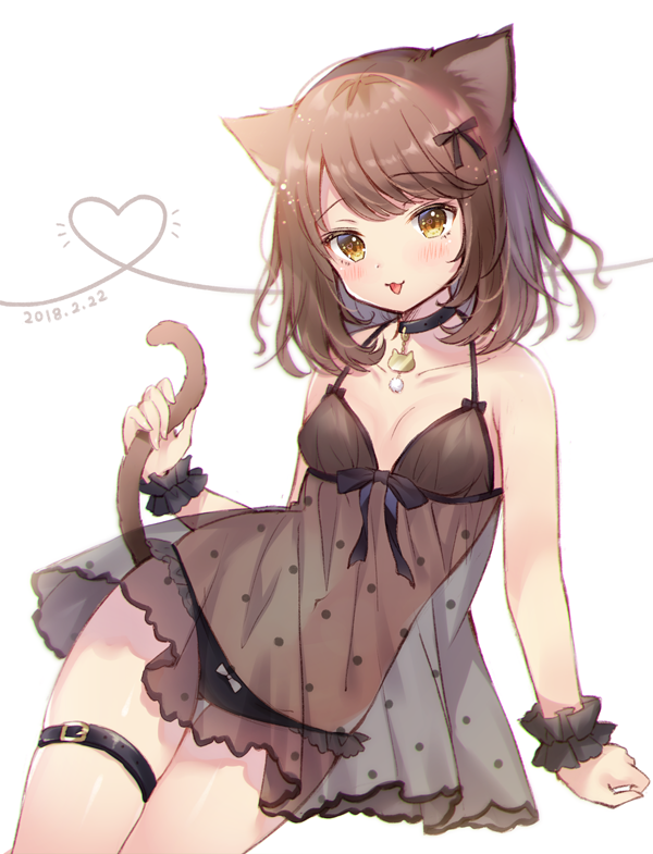 1girl :3 animal_ears black_panties blush breasts brown_eyes brown_hair cat_day cat_ears cat_tail choker heart heart_of_string lingerie looking_at_viewer medium_breasts negligee noda_shuha open_mouth original panties short_hair solo tail underwear wrist_cuffs