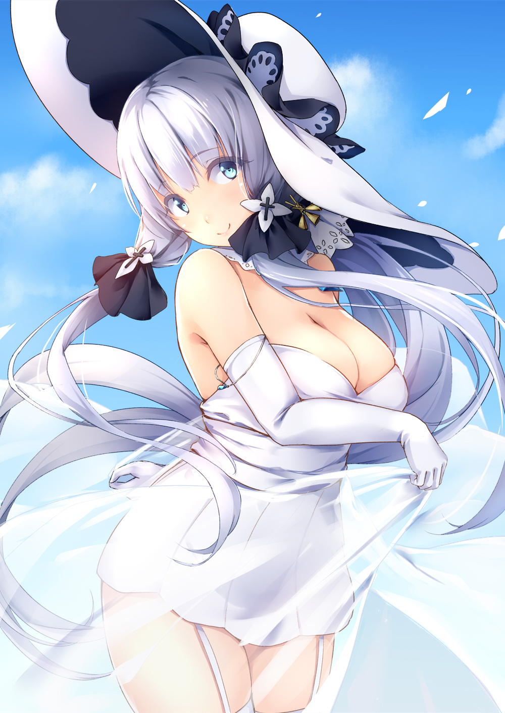 1girl azur_lane bangs bare_shoulders bit_(keikou_syrup) blue_eyes blue_sky blush breasts cleavage closed_mouth day dress elbow_gloves eyebrows_visible_through_hair garter_straps gloves hair_ornament hat highres illustrious_(azur_lane) large_breasts long_hair looking_at_viewer outdoors short_dress silver_hair sky smile solo sun_hat thigh-highs very_long_hair white_dress white_gloves white_legwear