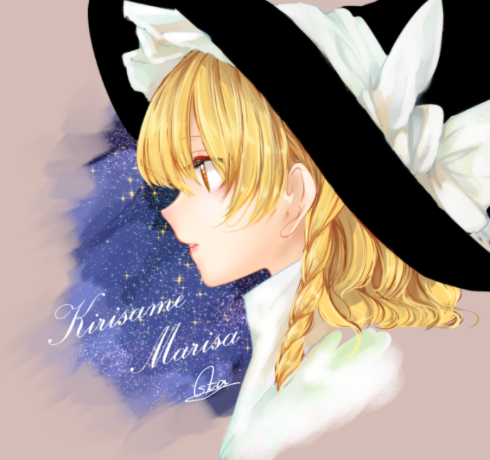 1girl blonde_hair bow braid character_name face from_side hat hat_bow kirisame_marisa parted_lips portrait profile side_braid signature single_braid solo souta_(karasu_no_ouchi) star starry_background touhou white_bow witch_hat yellow_eyes